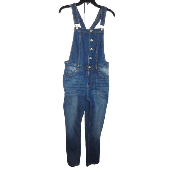Love Tree Denim Skinny Bib Overalls Button Front Junior Women's Large 31 x 29.5 - Picture 2 of 5